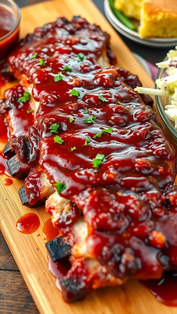 Oven-baked barbecue ribs glazed with sauce, garnished with parsley, served with coleslaw and cornbread.
